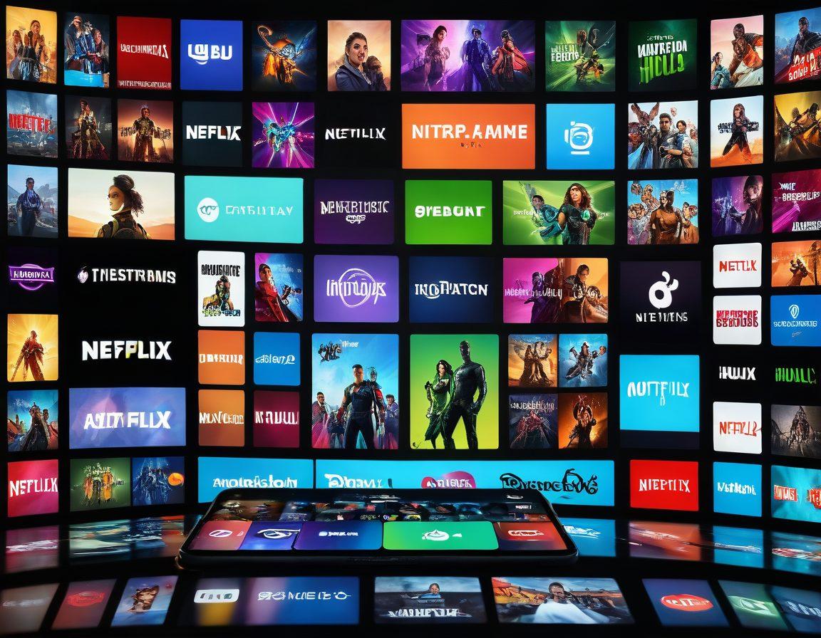 A dynamic scene showcasing multiple streaming platforms on various devices, with vibrant logos of popular services like Netflix, Hulu, Amazon Prime, and Disney+ glowing brightly. Include a mix of live content visuals like sports, concerts, and gaming streams. super-realistic. vibrant colors. modern tech setting.
