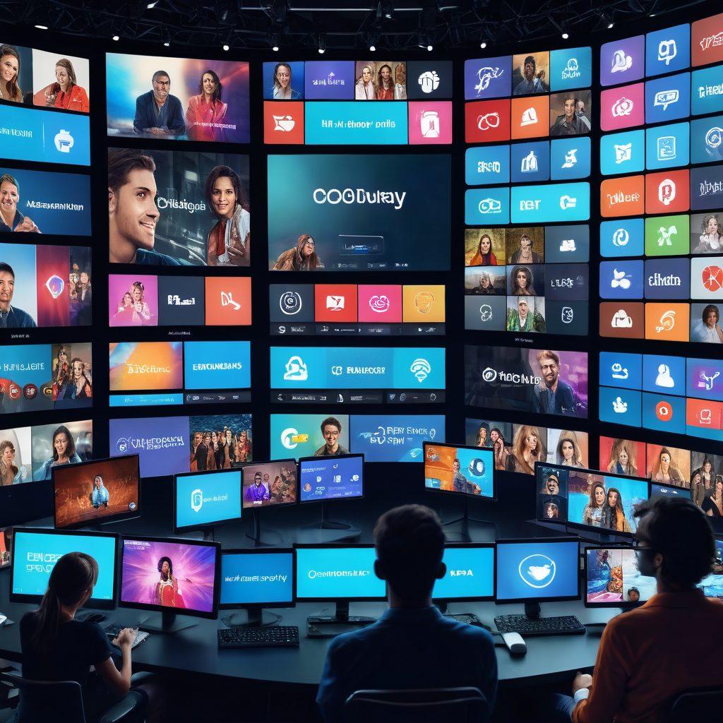 A multi-screen setup showcasing various elements of live streaming: a person on camera broadcasting live, an engaging chat box with audience comments, live reactions, and interactive elements like polls and reactions. The background features a vibrant digital landscape with subtle overlays of streaming icons, such as play buttons, wifi signals, and social media symbols. Emphasize real-time interaction and dynamic connectivity. vibrant colors. super-realistic.