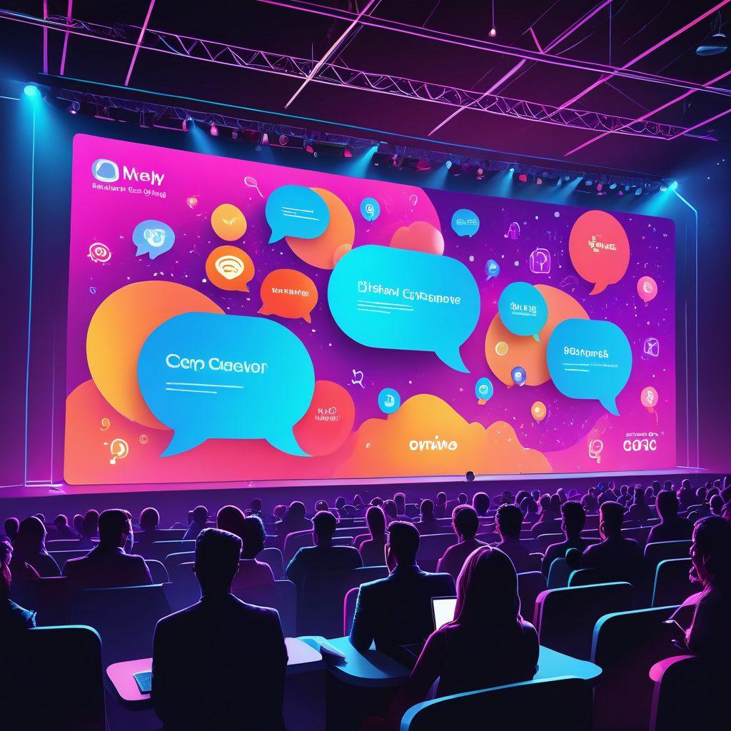 A dynamic scene showcasing a lively event stage under vibrant lights, with an audience actively participating via live interaction on large screens. Include tech-savvy graphics like digital chat bubbles and streaming icons floating around. Emphasize energy, connection, and engagement with a blend of real and digital world elements. vector art. vibrant colors.